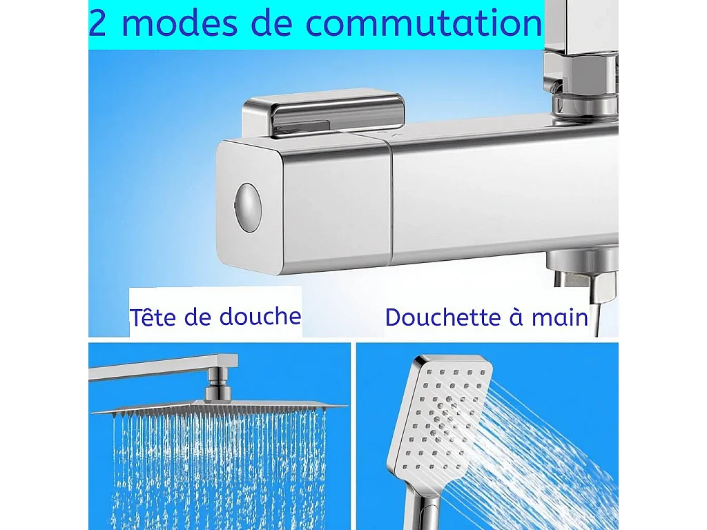 AICA Colonne de Douche Thermostaique 38 °C Ensemble de douche avec Tête de Douche 25 x 25 cm Douchette 3 Jets Hauteur Réglable- Carrrée