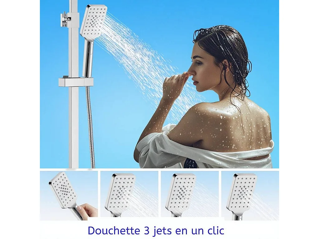 AICA Colonne de Douche Thermostaique 38 °C Ensemble de douche avec Tête de Douche 25 x 25 cm Douchette 3 Jets Hauteur Réglable- Carrrée