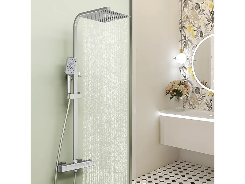 AICA Colonne de Douche Thermostaique 38 °C Ensemble de douche avec Tête de Douche 25 x 25 cm Douchette 3 Jets Hauteur Réglable- Carrrée