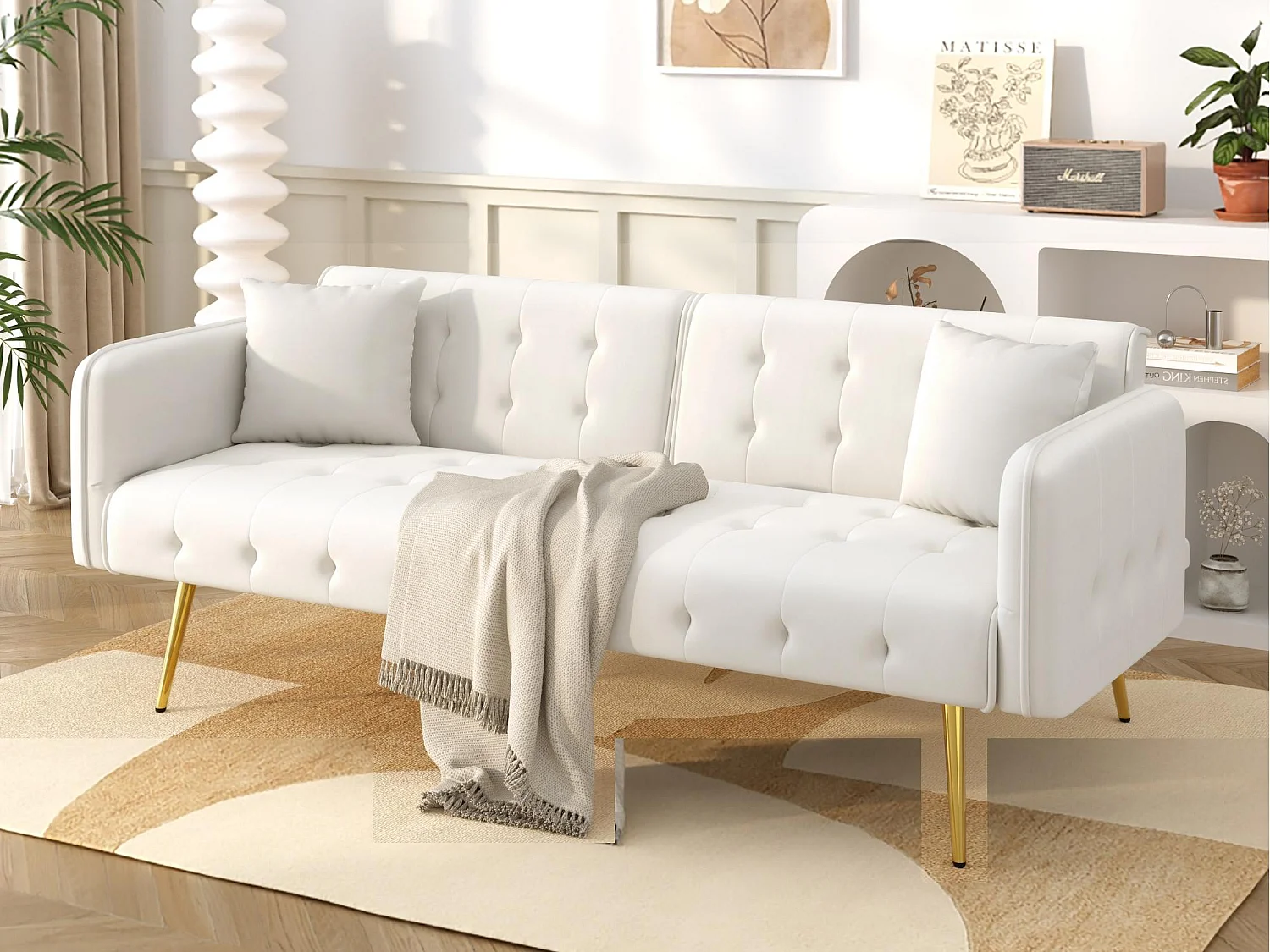 Canapé multifonctionnel 2 places - Dossier réglable - Accoudoirs réglables - Velours - Blanc