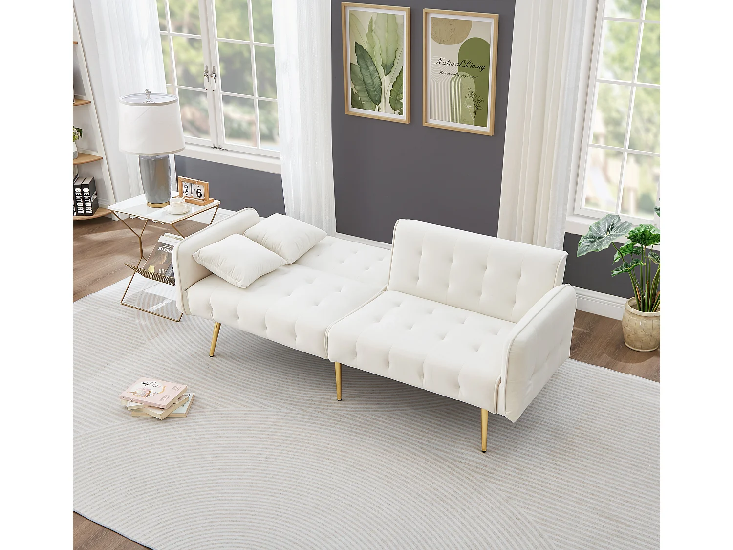 Canapé multifonctionnel 2 places - Dossier réglable - Accoudoirs réglables - Velours - Blanc