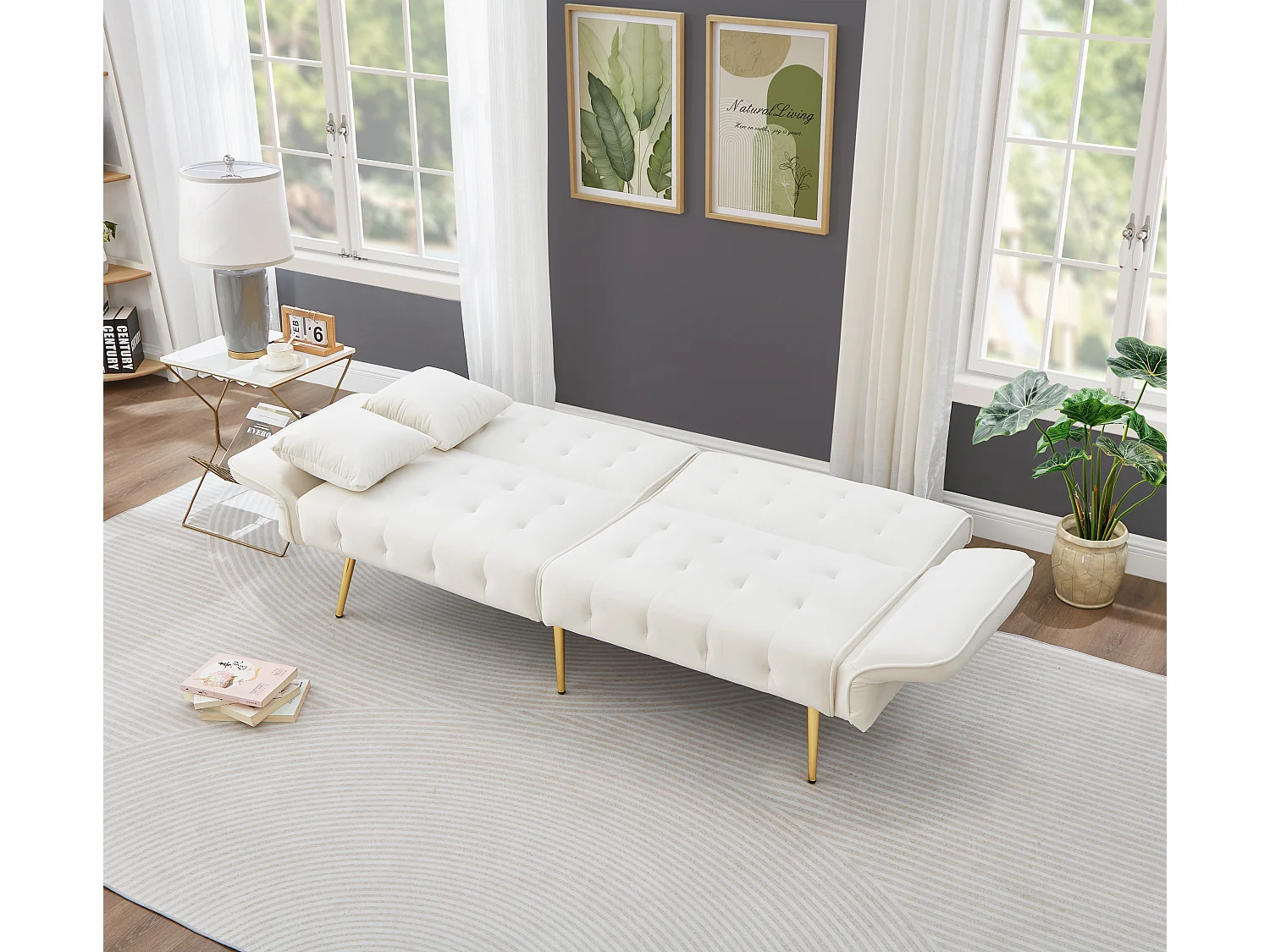 Canapé multifonctionnel 2 places - Dossier réglable - Accoudoirs réglables - Velours - Blanc