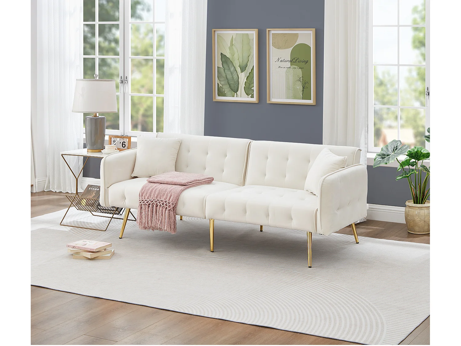 Canapé multifonctionnel 2 places - Dossier réglable - Accoudoirs réglables - Velours - Blanc