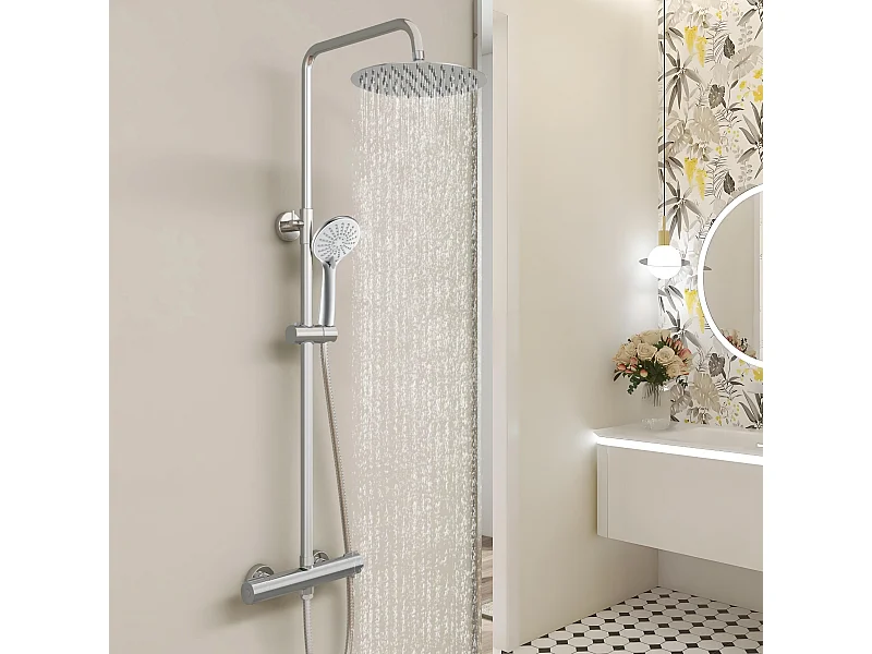 AICA Colonne de Douche Thermostaique 38 °C Ensemble de douche avec Tête de Douche de 10 Pouces Douchette 3 Jets Hauteur Réglable- Ronde