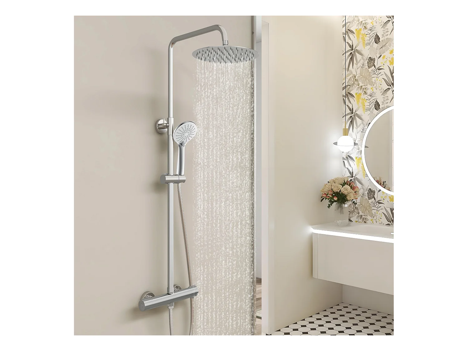 AICA Colonne de Douche Thermostaique 38 °C Ensemble de douche avec Tête de Douche de 10 Pouces Douchette 3 Jets Hauteur Réglable- Ronde