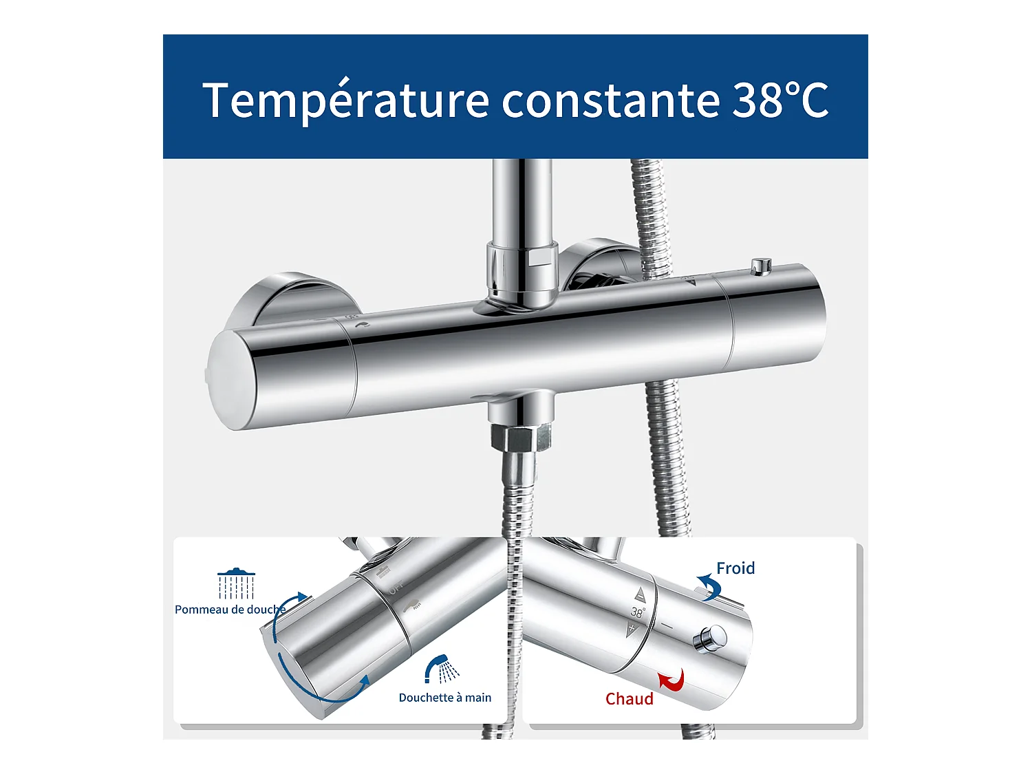 AICA Colonne de Douche Thermostaique 38 °C Ensemble de douche avec Tête de Douche de 10 Pouces Douchette 3 Jets Hauteur Réglable- Ronde