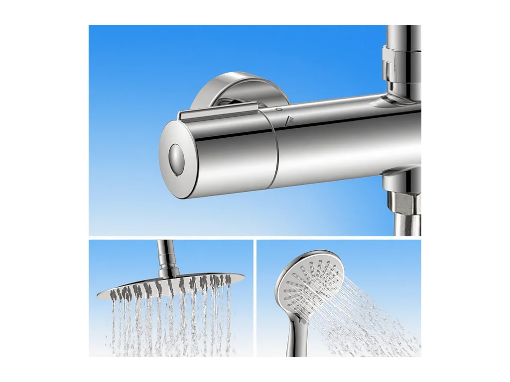 AICA Colonne de Douche Thermostaique 38 °C Ensemble de douche avec Tête de Douche de 10 Pouces Douchette 3 Jets Hauteur Réglable- Ronde