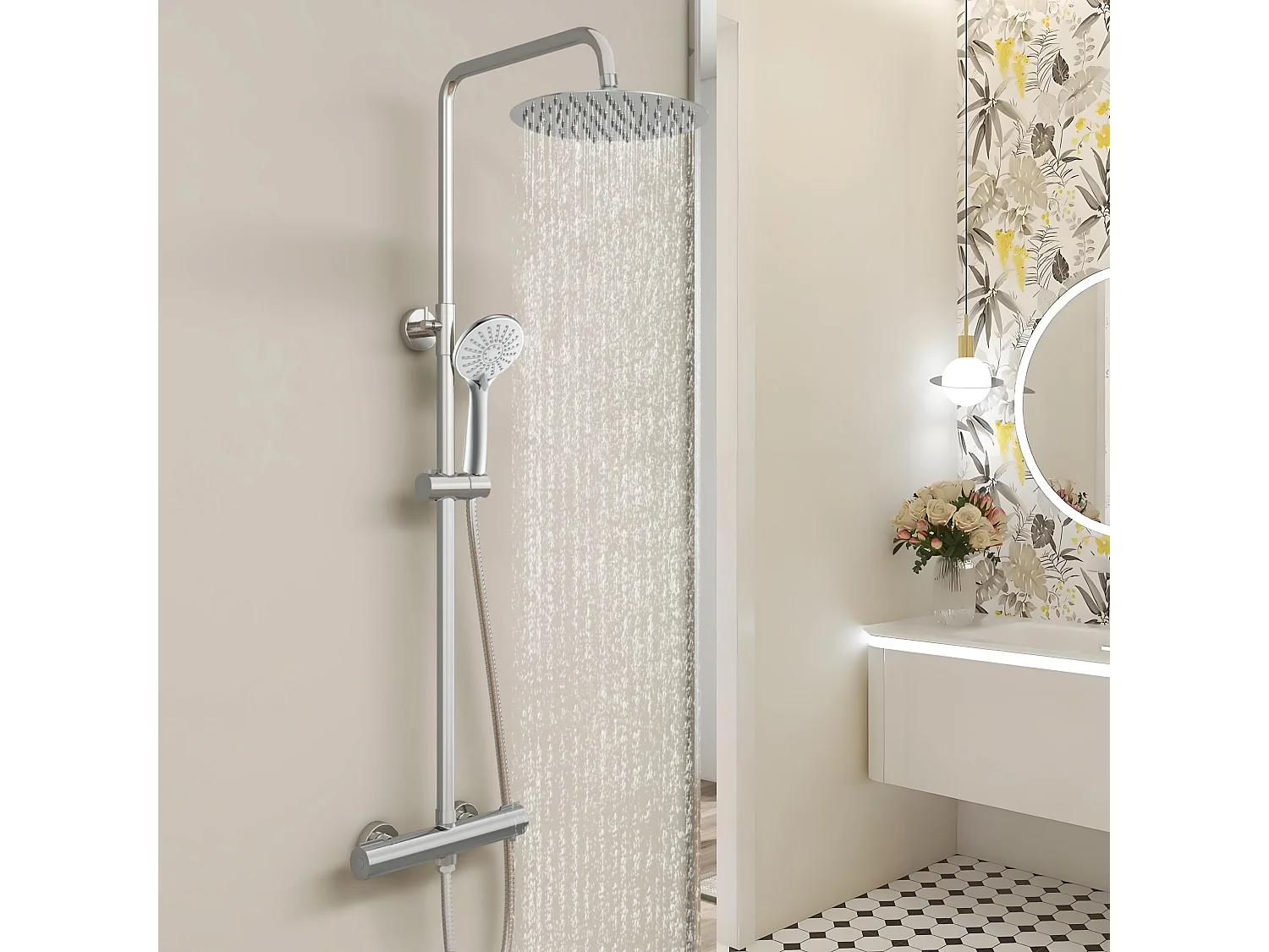 AICA Colonne de Douche Thermostaique 38 °C Ensemble de douche avec Tête de Douche de 10 Pouces Douchette 3 Jets Hauteur Réglable- Ronde