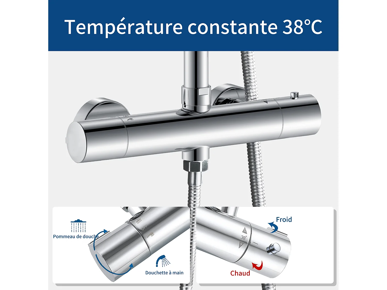 AICA Colonne de Douche Thermostaique 38 °C Ensemble de douche avec Tête de Douche de 10 Pouces Douchette 3 Jets Hauteur Réglable- Ronde