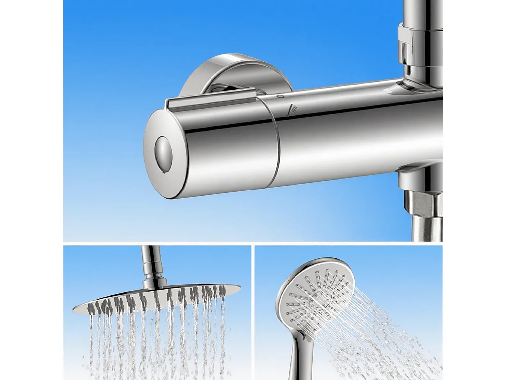 AICA Colonne de Douche Thermostaique 38 °C Ensemble de douche avec Tête de Douche de 10 Pouces Douchette 3 Jets Hauteur Réglable- Ronde