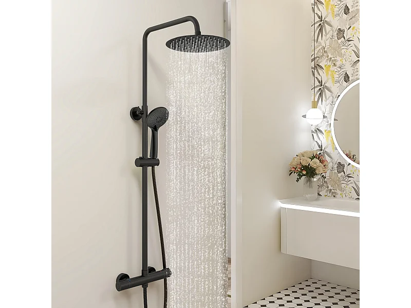 AICA Colonne de Douche Thermostaique 38 °C Ensemble de douche avec Tête de Douche de 10 Pouces Douchette 3 Jets Hauteur Réglable- Noir