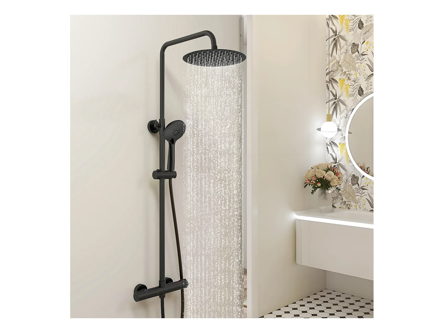 AICA Colonne de Douche Thermostaique 38 °C Ensemble de douche avec Tête de Douche de 10 Pouces Douchette 3 Jets Hauteur Réglable- Noir