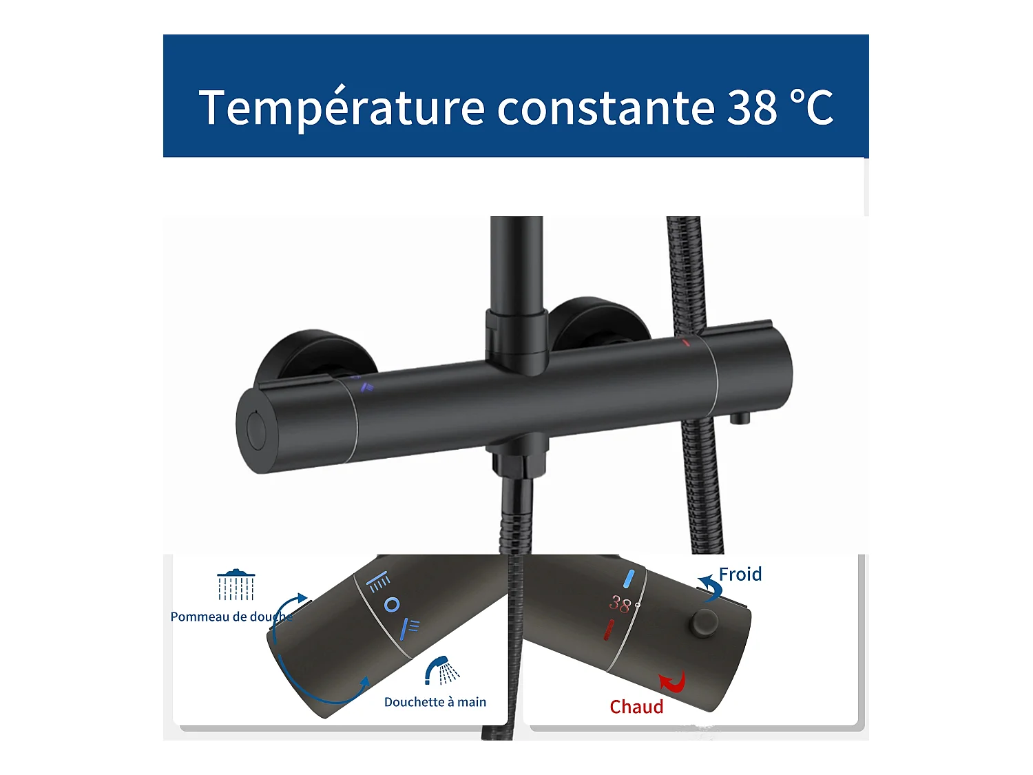 AICA Colonne de Douche Thermostaique 38 °C Ensemble de douche avec Tête de Douche de 10 Pouces Douchette 3 Jets Hauteur Réglable- Noir