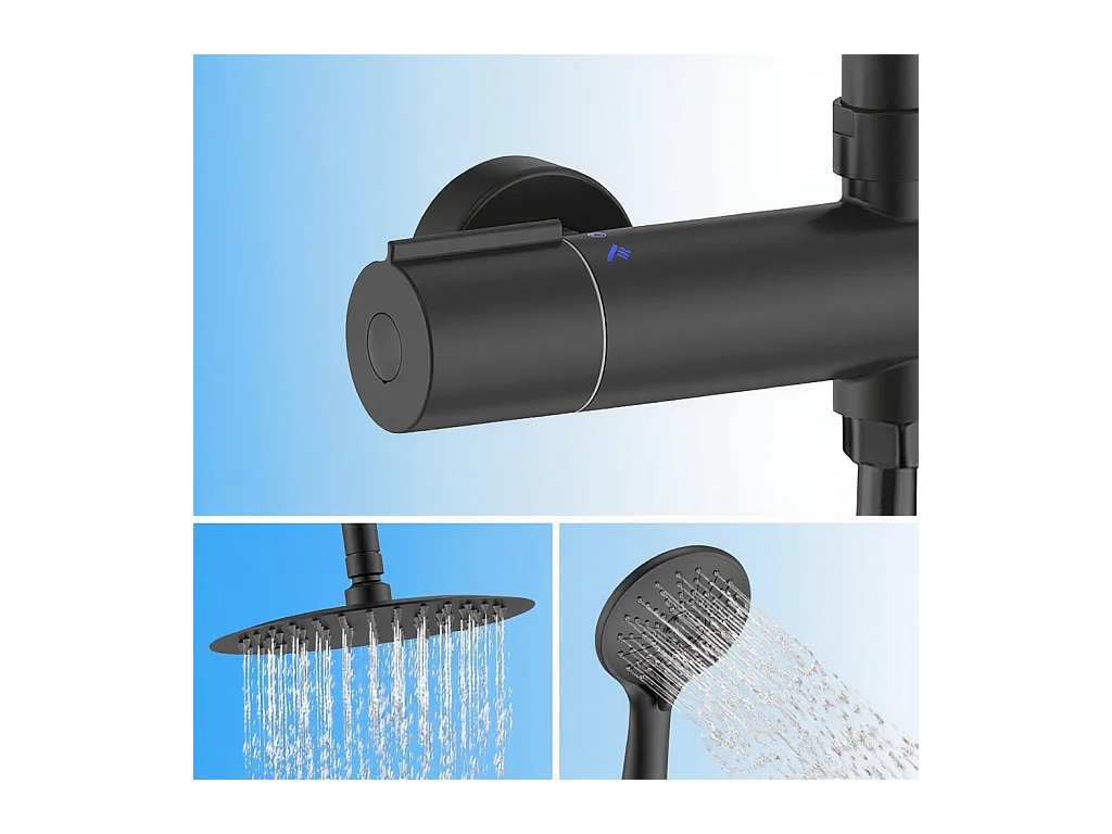 AICA Colonne de Douche Thermostaique 38 °C Ensemble de douche avec Tête de Douche de 10 Pouces Douchette 3 Jets Hauteur Réglable- Noir