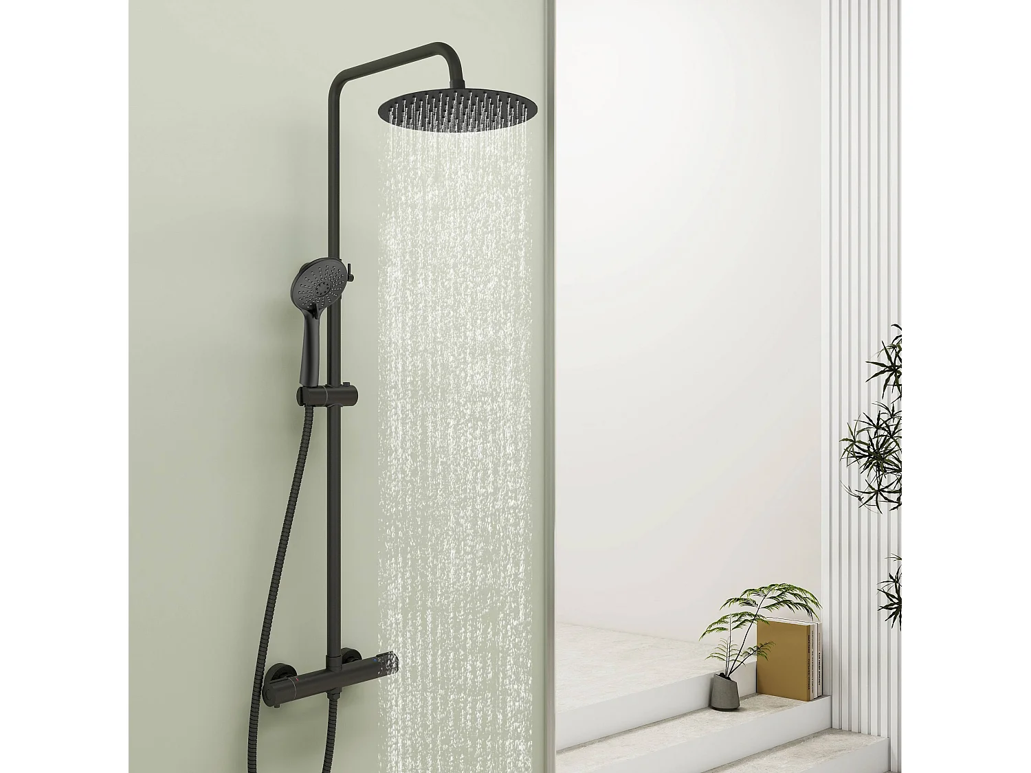 AICA Colonne de Douche Thermostaique 38 °C Ensemble de douche avec Tête de Douche de 10 Pouces Douchette 3 Jets Hauteur Réglable- Noir