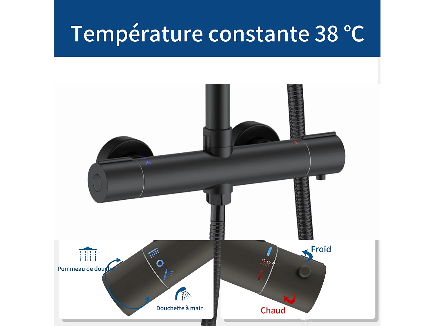 AICA Colonne de Douche Thermostaique 38 °C Ensemble de douche avec Tête de Douche de 10 Pouces Douchette 3 Jets Hauteur Réglable- Noir