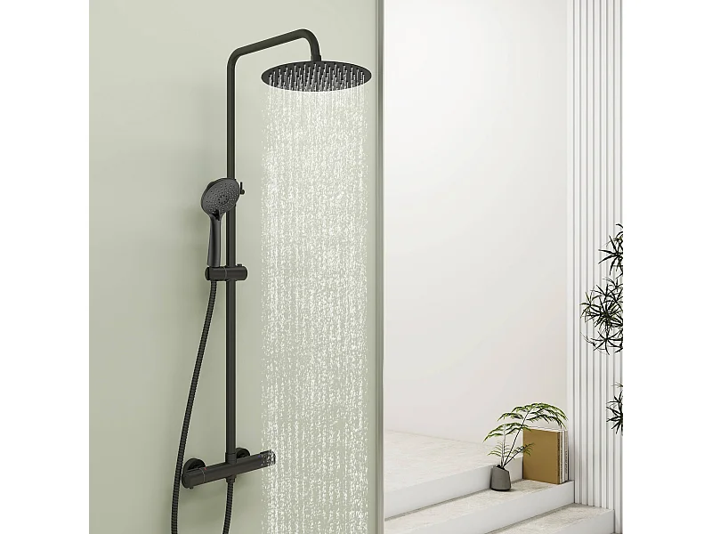 AICA Colonne de Douche Thermostaique 38 °C Ensemble de douche avec Tête de Douche de 10 Pouces Douchette 3 Jets Hauteur Réglable- Noir