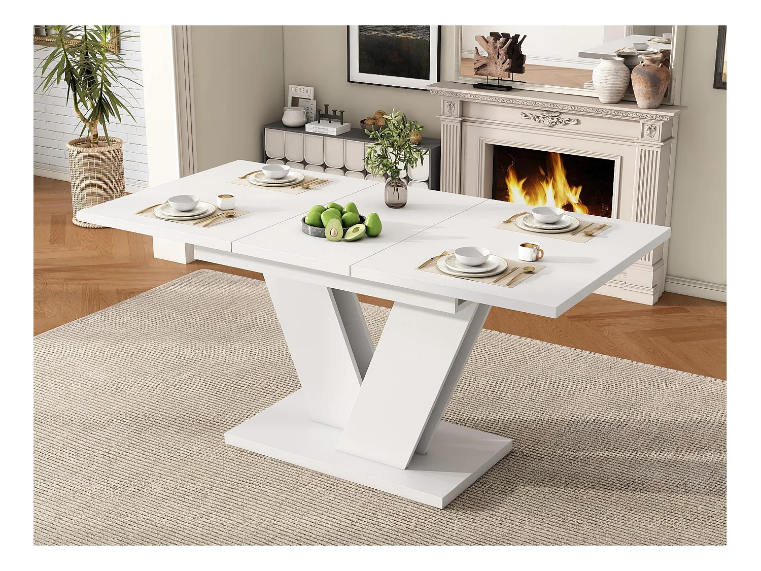 Table à manger rectangulaire extensible 120-160x80x75.5 cm - pour 4 à 6 personnes - plateau épais - pieds en V - blanc