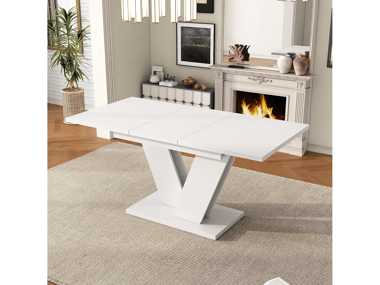 Table à manger rectangulaire extensible 120-160x80x75.5 cm - pour 4 à 6 personnes - plateau épais - pieds en V - blanc