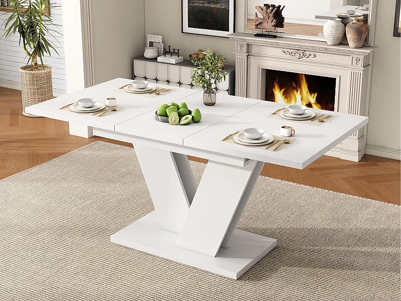 Uitschuifbare rechthoekige eettafel 120-160×80×75,5 cm - voor 4 tot 6 personen - dik blad - V-vormige poten - wit