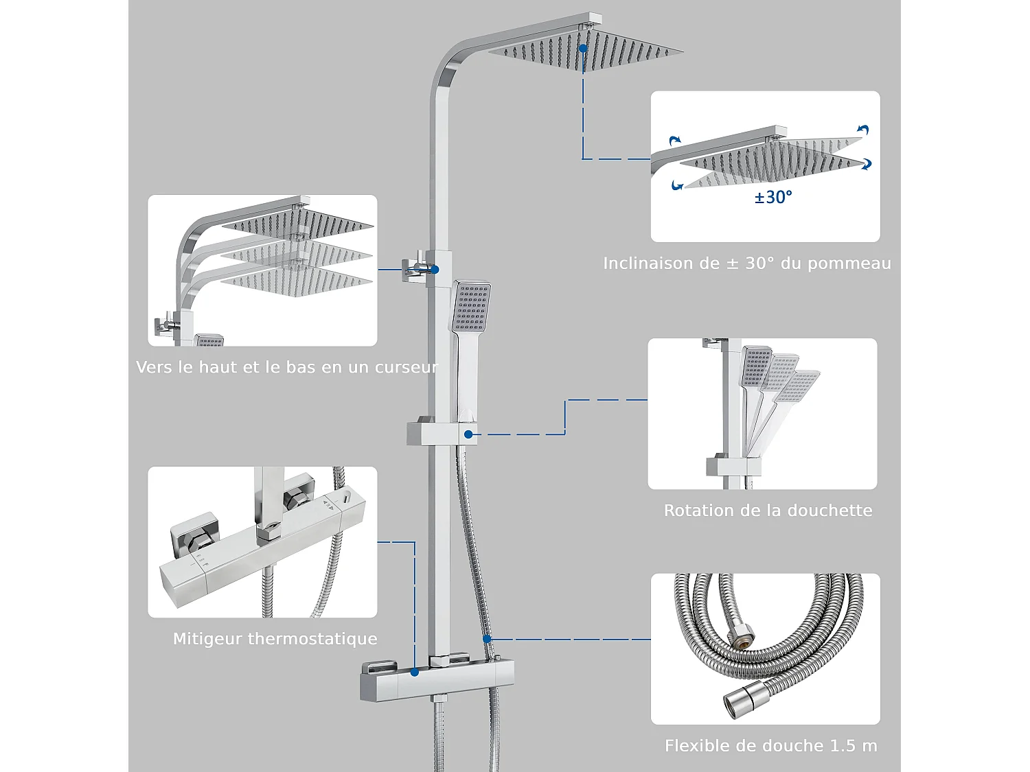 Colonne de Douche AICA avec Mitigeur Thermostatique 38 °C Laiton & Inox