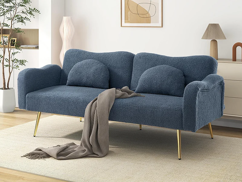 2-Sitzer Sofa - Verstellbare Rückenlehne - Füße in goldbeschichtetem Metall - Grau-blau