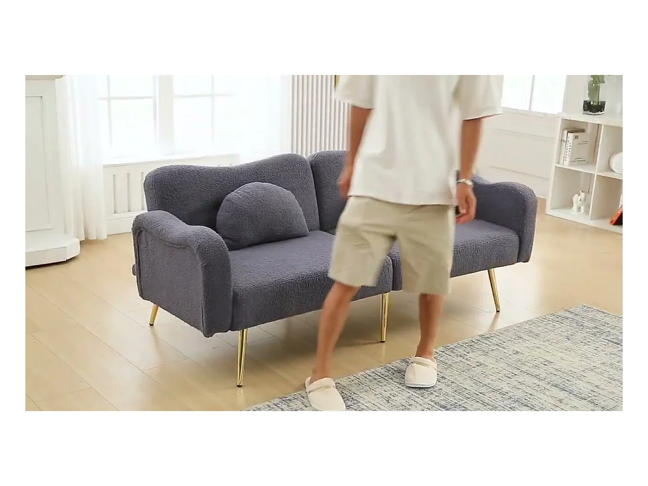 Canapé 2 places - Dossier réglable - Pieds en métal plaqué or - Gris-bleu