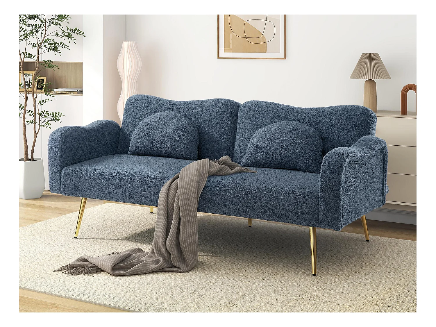 Canapé 2 places - Dossier réglable - Pieds en métal plaqué or - Gris-bleu
