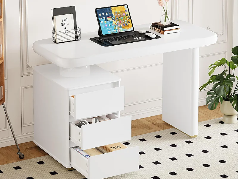 Bureau 117×50×74 cm - En forme de nuage - Plateau et pieds renforcés - 3 tiroirs - Finition laquée - MDF - Blanc