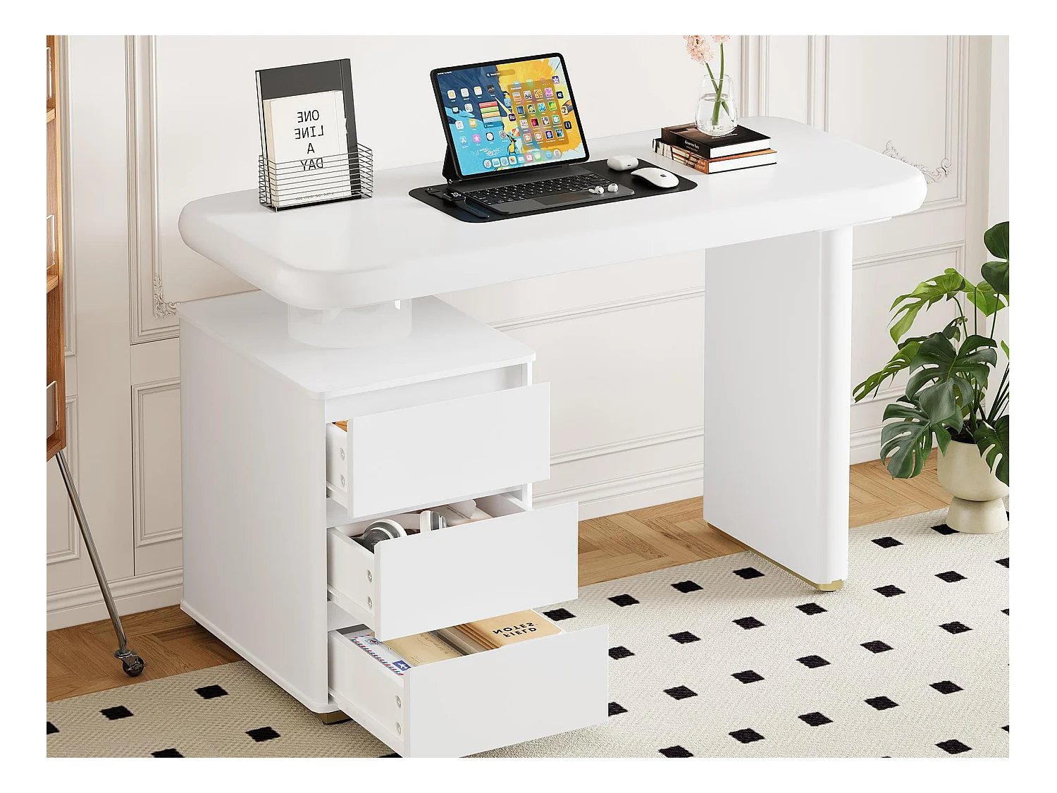 Bureau 117×50×74 cm - En forme de nuage - Plateau et pieds renforcés - 3 tiroirs - Finition laquée - MDF - Blanc