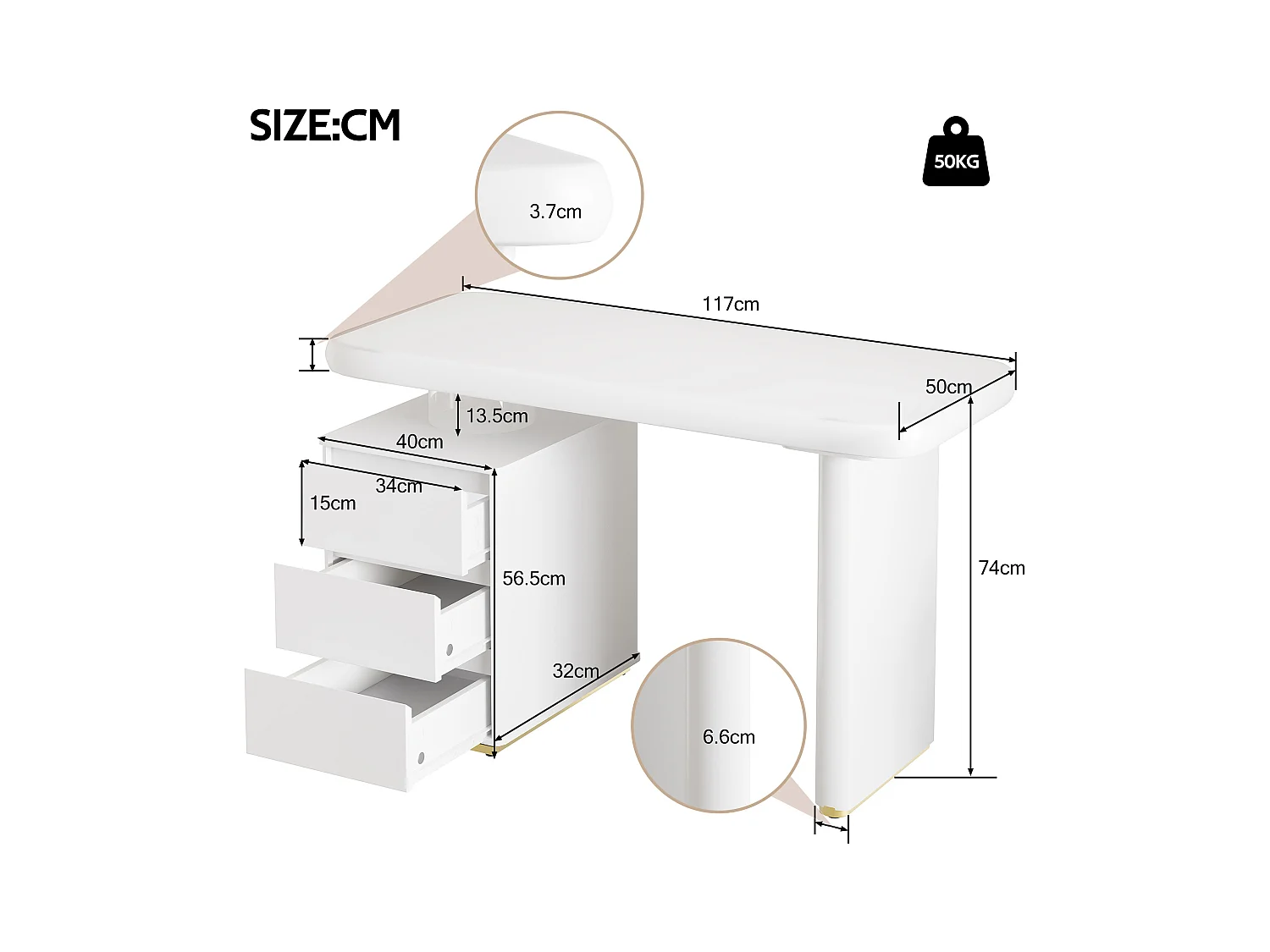 Bureau 117×50×74 cm - En forme de nuage - Plateau et pieds renforcés - 3 tiroirs - Finition laquée - MDF - Blanc