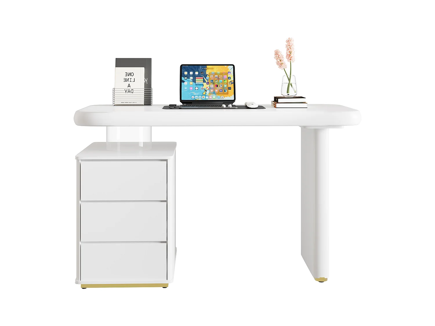 Bureau 117×50×74 cm - En forme de nuage - Plateau et pieds renforcés - 3 tiroirs - Finition laquée - MDF - Blanc