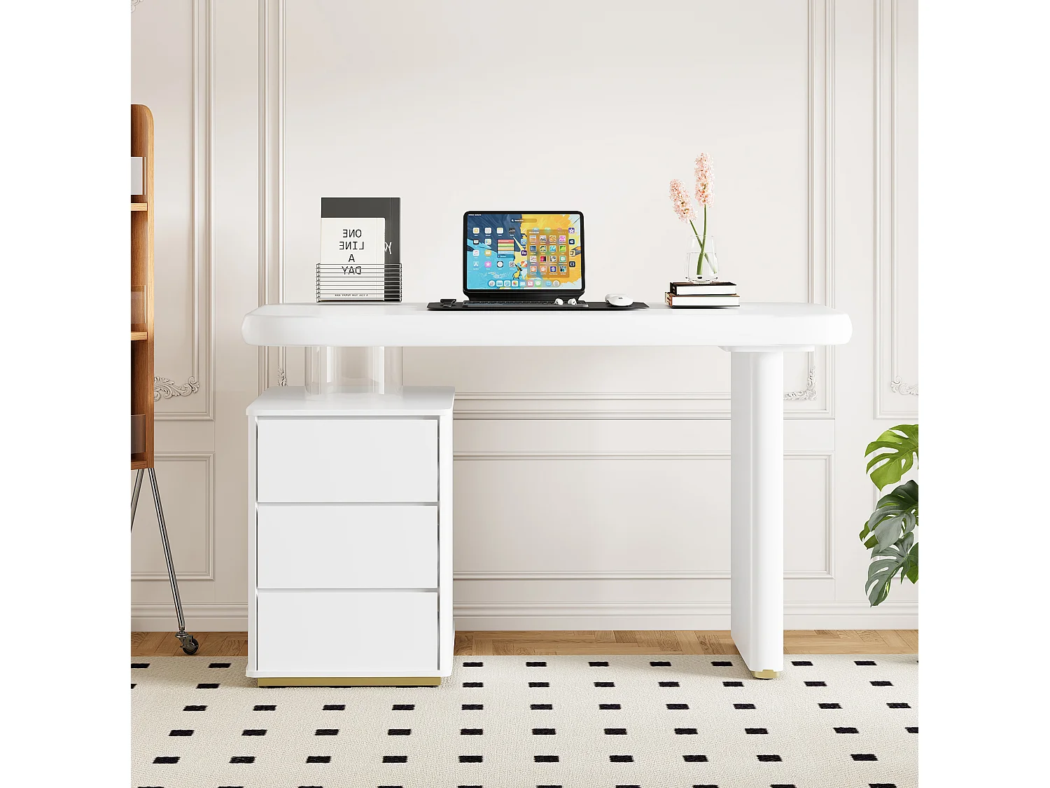 Schreibtisch 117×50×74 cm - In Wolkenform - Verstärfte Tischplatte und Beine - 3 Schubladen - Lackierte Oberfläche - MDF - Weiß