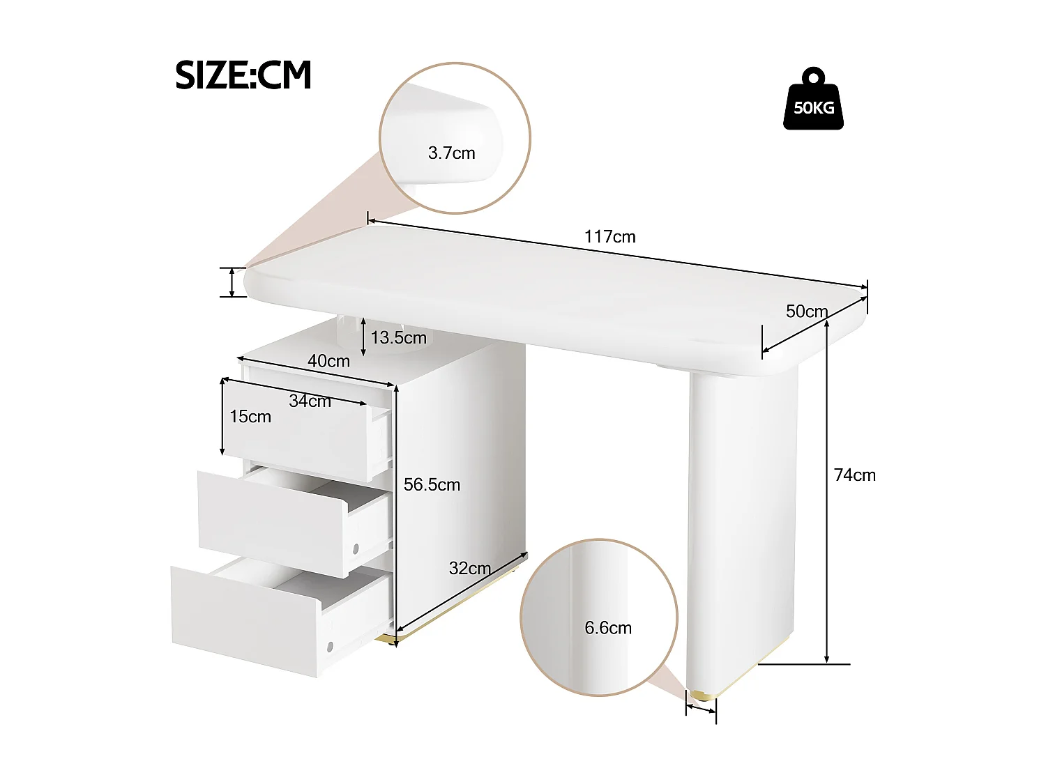 Schreibtisch 117×50×74 cm - In Wolkenform - Verstärfte Tischplatte und Beine - 3 Schubladen - Lackierte Oberfläche - MDF - Weiß
