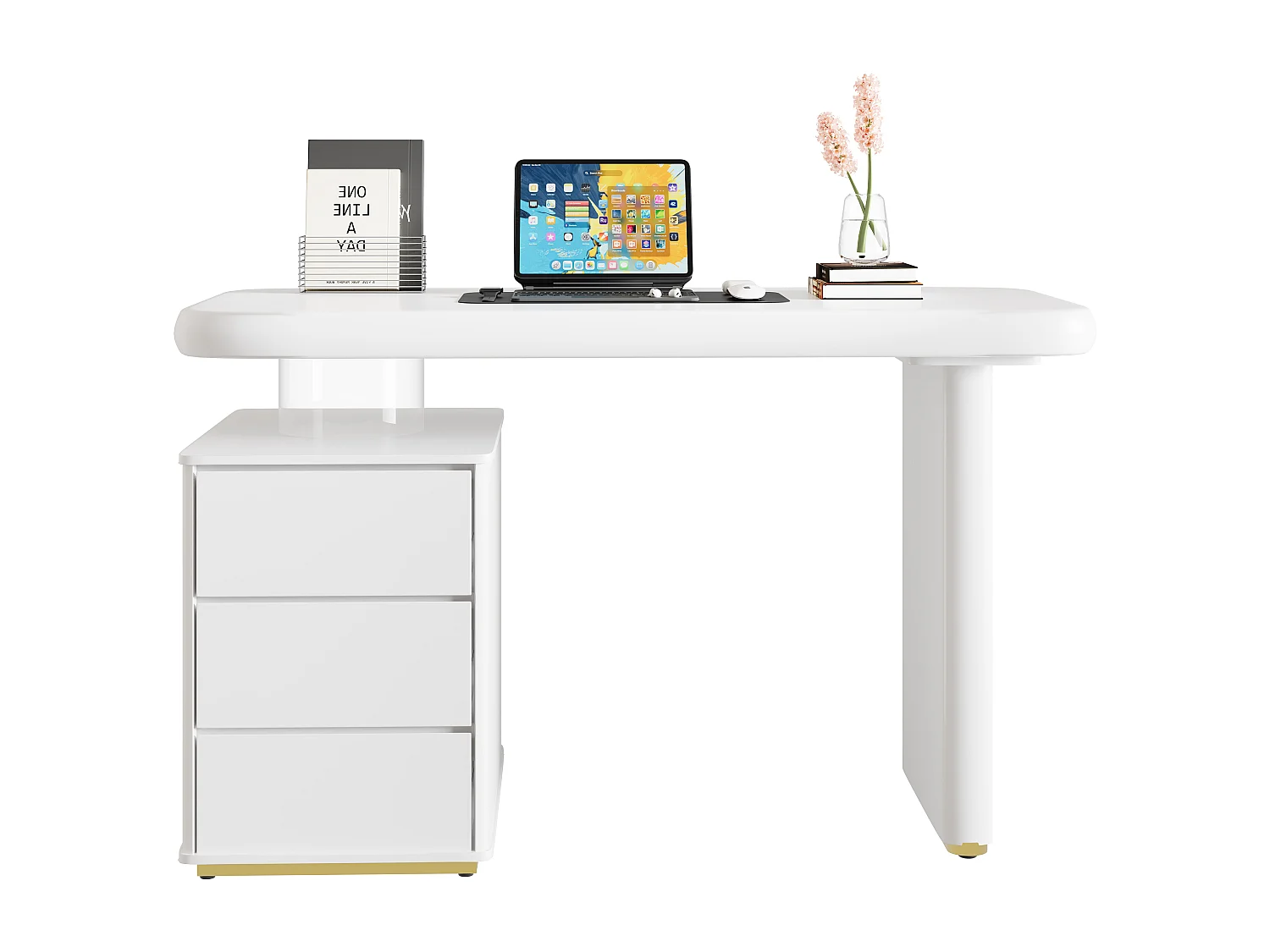 Schreibtisch 117×50×74 cm - In Wolkenform - Verstärfte Tischplatte und Beine - 3 Schubladen - Lackierte Oberfläche - MDF - Weiß