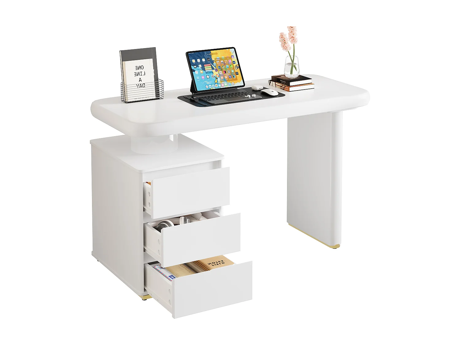 Schreibtisch 117×50×74 cm - In Wolkenform - Verstärfte Tischplatte und Beine - 3 Schubladen - Lackierte Oberfläche - MDF - Weiß