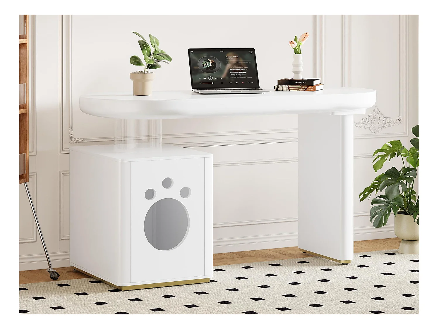 Bureau avec niche pour animaux - 117×50×76 cm - Pieds renforcés - Pour animaux de taille M à XL - Finition laquée - Blanc