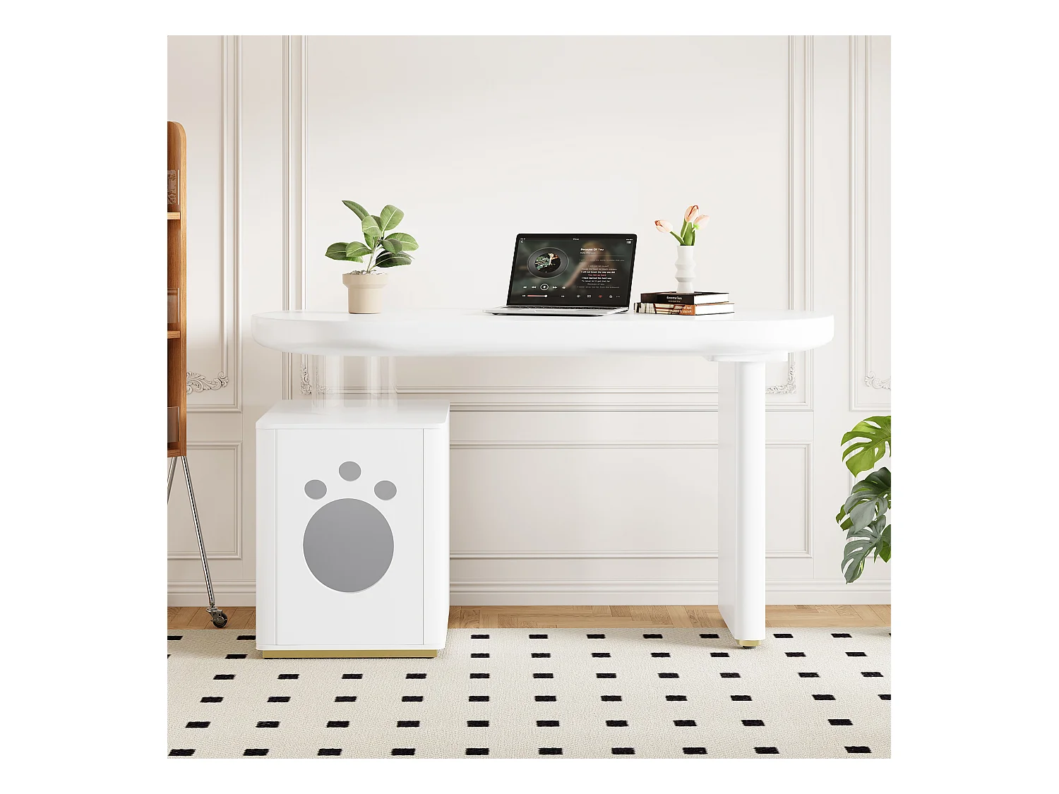 Bureau avec niche pour animaux - 117×50×76 cm - Pieds renforcés - Pour animaux de taille M à XL - Finition laquée - Blanc