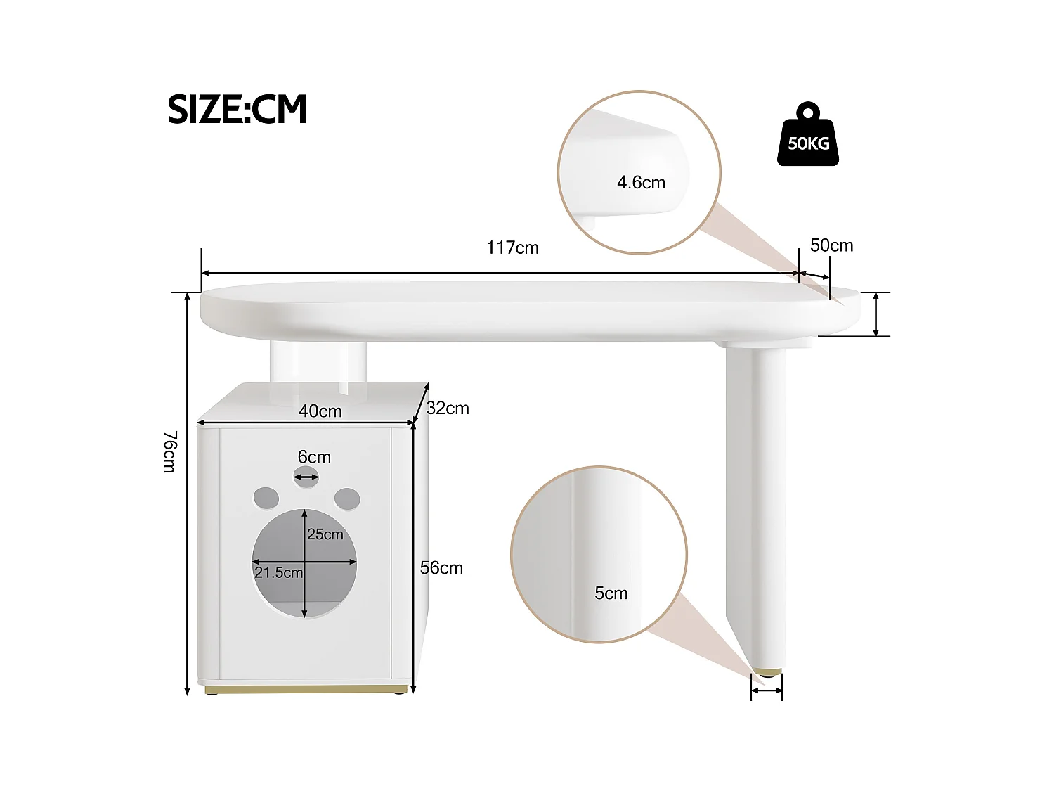 Bureau avec niche pour animaux - 117×50×76 cm - Pieds renforcés - Pour animaux de taille M à XL - Finition laquée - Blanc