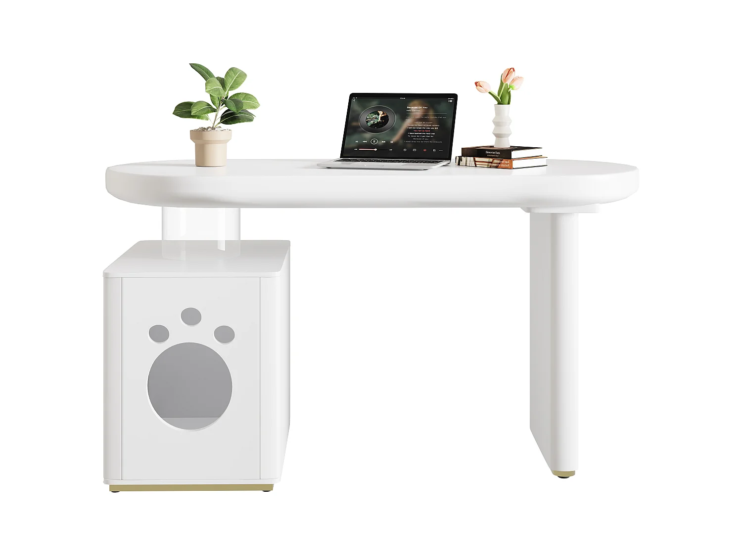 Bureau avec niche pour animaux - 117×50×76 cm - Pieds renforcés - Pour animaux de taille M à XL - Finition laquée - Blanc