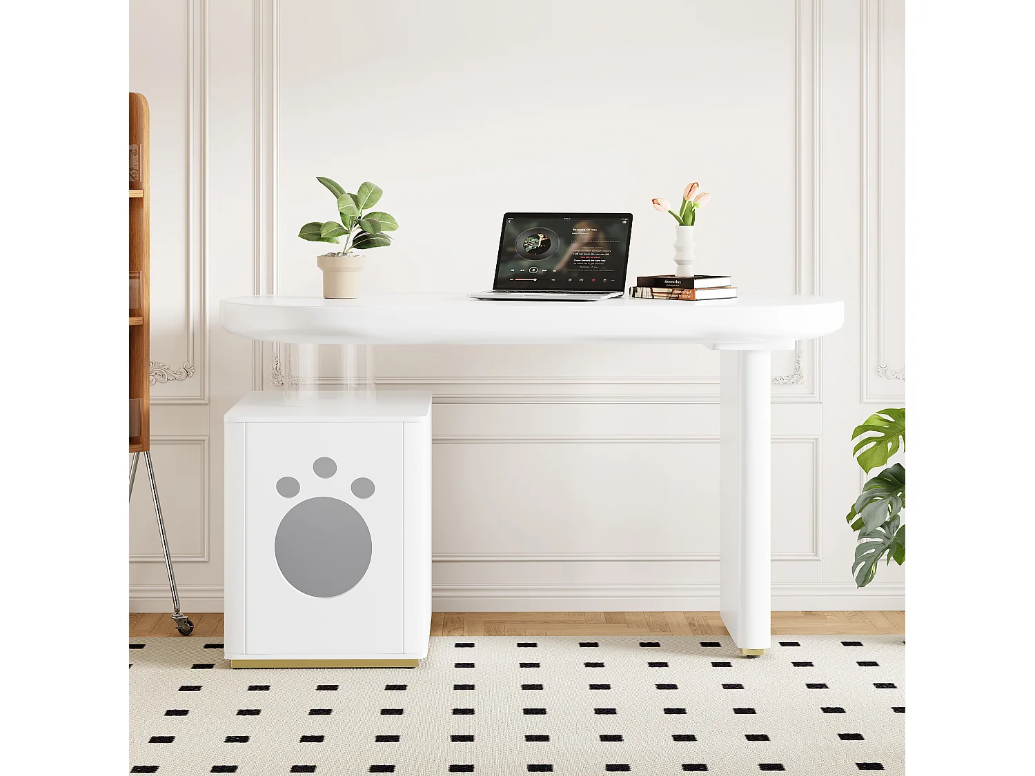 Schreibtisch mit Haustiernische - 117×50×76 cm - Verstärkte Beine - Für Haustiere der Größe M bis XL - Lackierte Oberfläche - Weiß