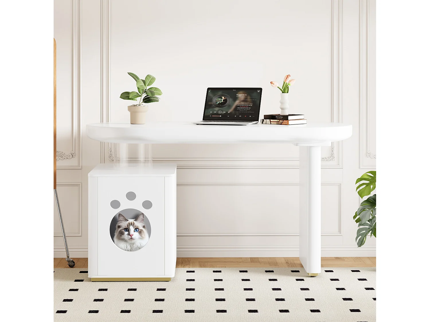 Schreibtisch mit Haustiernische - 117×50×76 cm - Verstärkte Beine - Für Haustiere der Größe M bis XL - Lackierte Oberfläche - Weiß