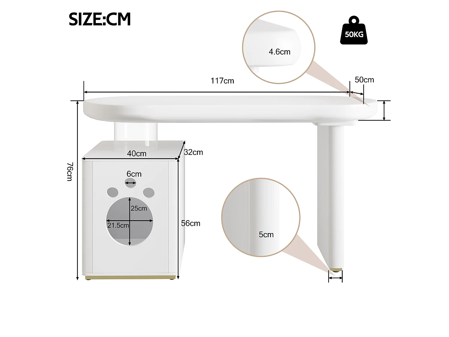 Bureau - 117×50×76 cm - Pieds renforcés - bureau épaissi - Finition laquée - Blanc