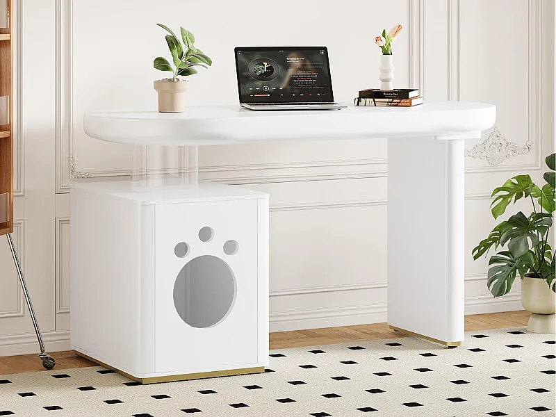 Bureau met huisdiernis - 117×50×76 cm - Versterkte poten - Voor huisdieren van maat M tot XL - Gelakte afwerking - Wit