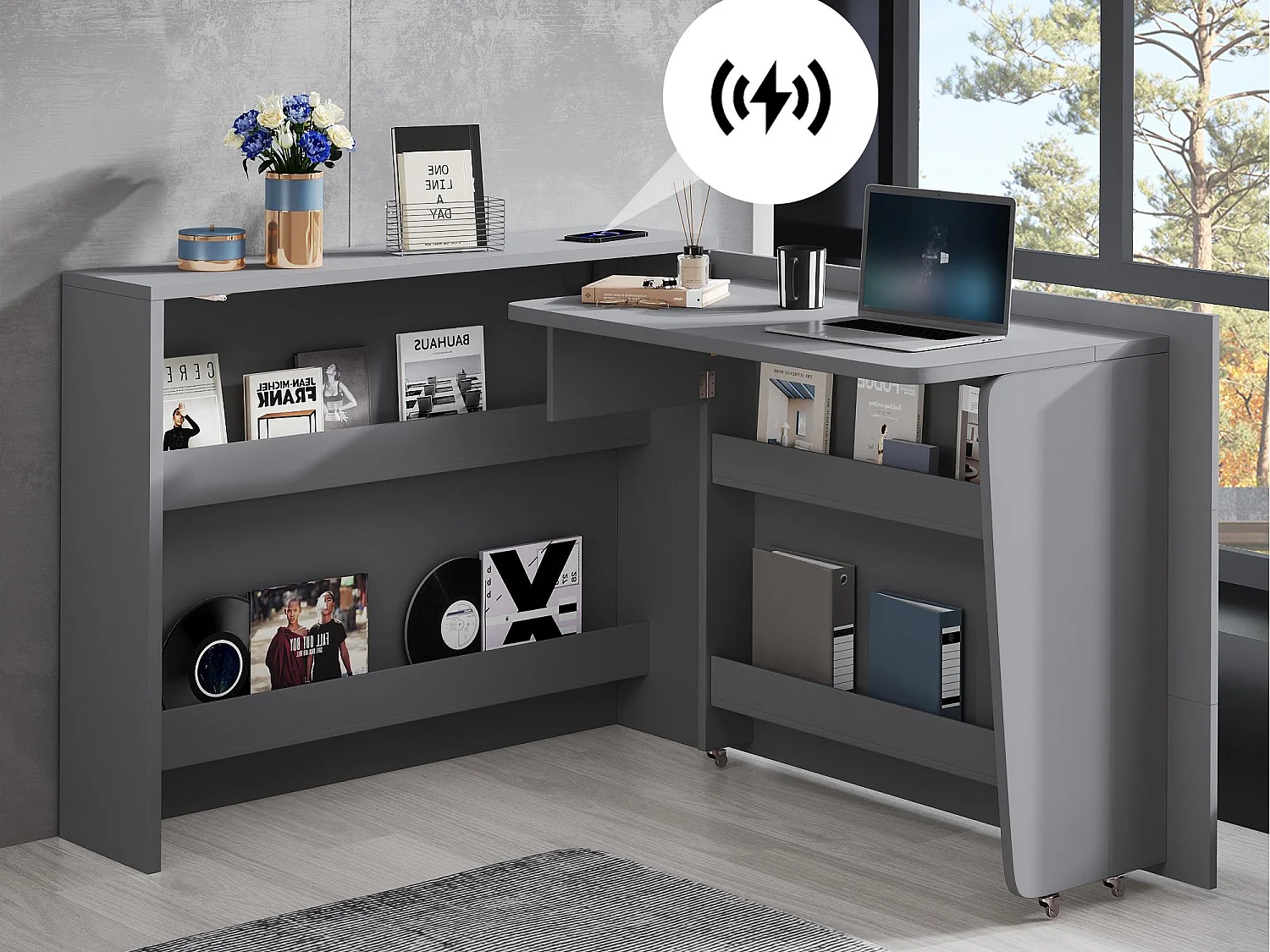 Bureau pliable 115×27×93 cm - avec fonction de charge sans fil - avec étagères et roulettes - Finition haute brillance - Gris