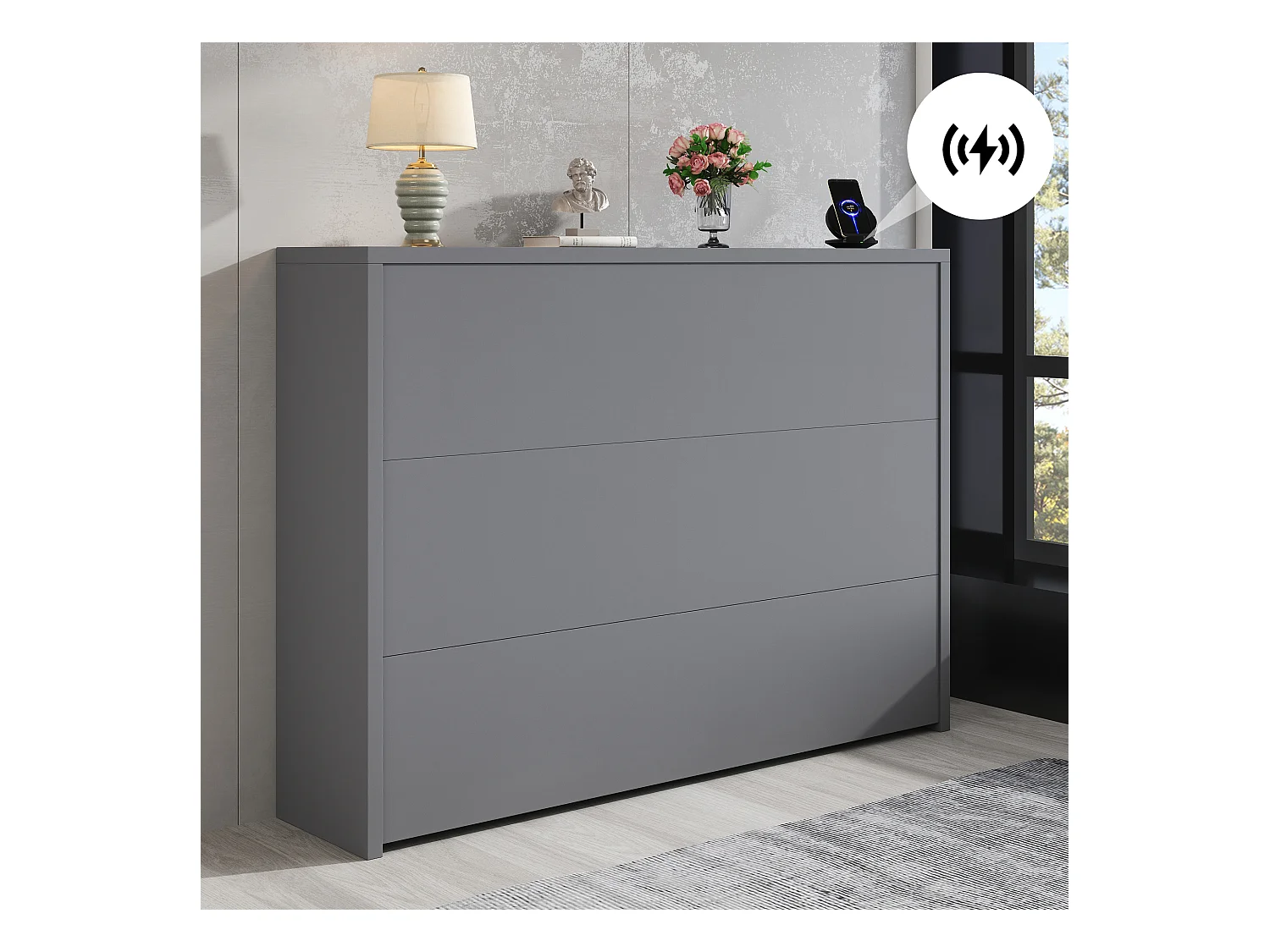 Bureau pliable 115×27×93 cm - avec fonction de charge sans fil - avec étagères et roulettes - Finition haute brillance - Gris