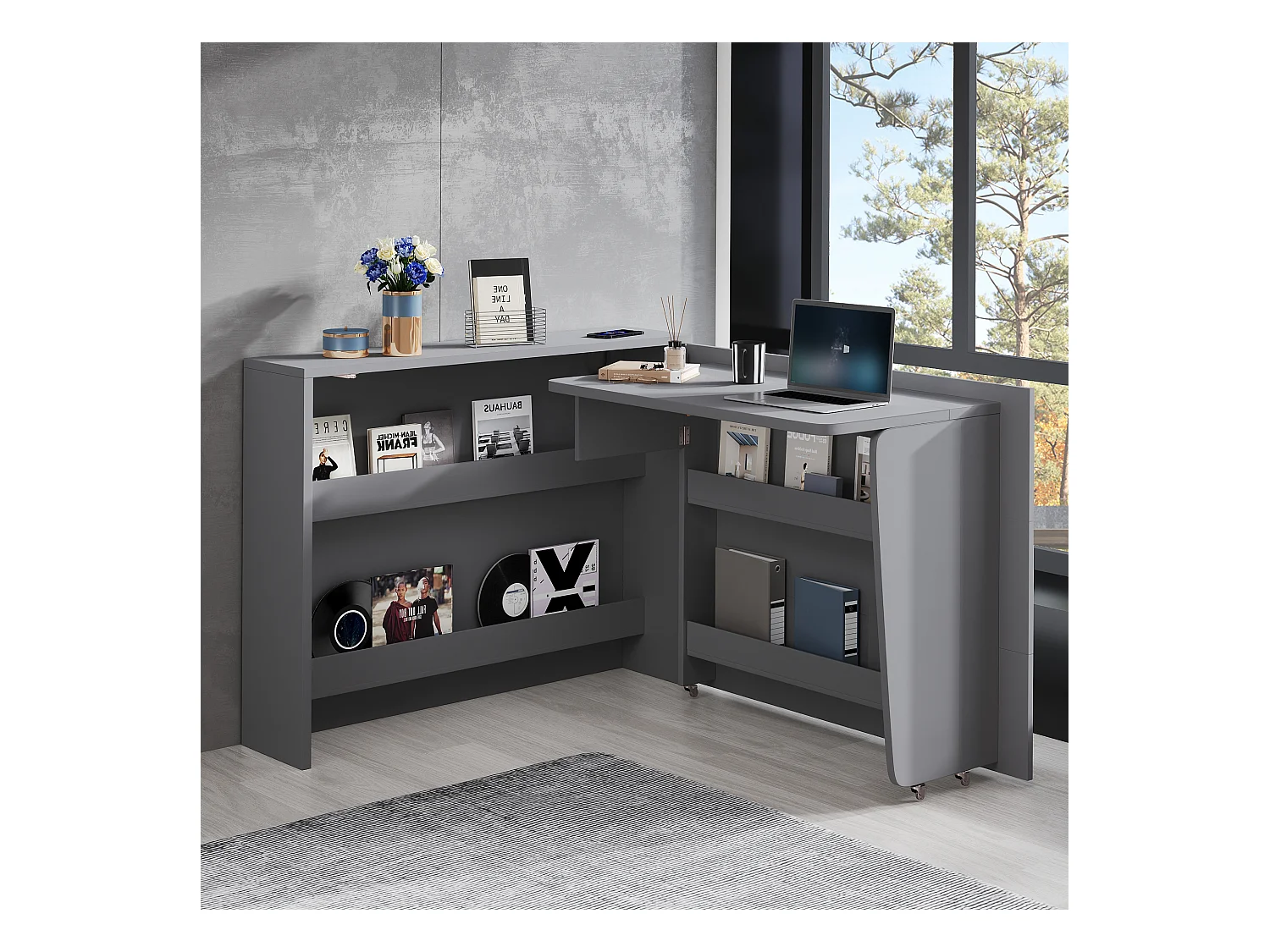 Bureau pliable 115×27×93 cm - avec fonction de charge sans fil - avec étagères et roulettes - Finition haute brillance - Gris