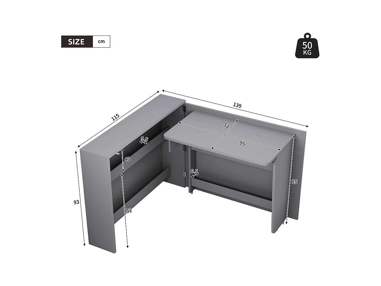 Bureau pliable 115×27×93 cm - avec fonction de charge sans fil - avec étagères et roulettes - Finition haute brillance - Gris
