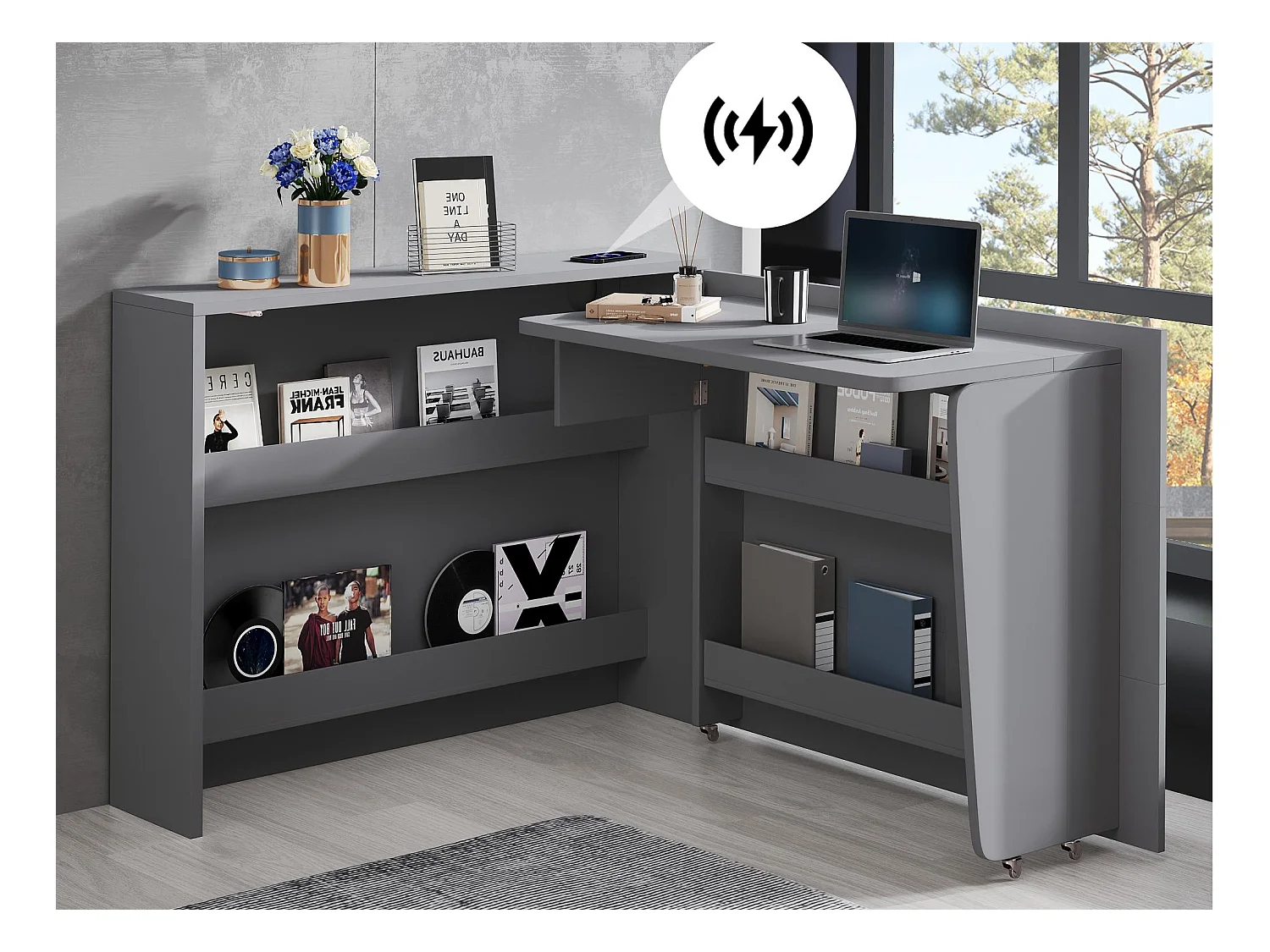 Bureau pliable 115×27×93 cm - avec fonction de charge sans fil - avec étagères et roulettes - Finition haute brillance - Gris