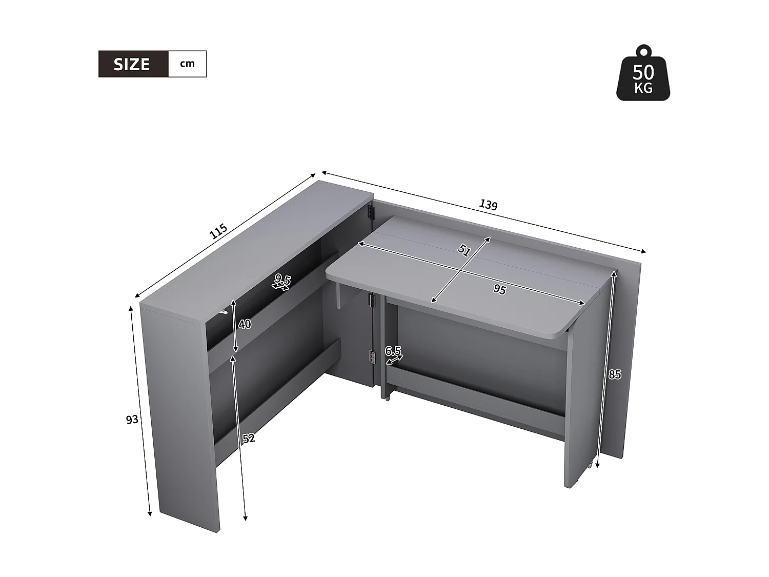 Bureau pliable 115×27×93 cm - avec fonction de charge sans fil - avec étagères et roulettes - Finition haute brillance - Gris